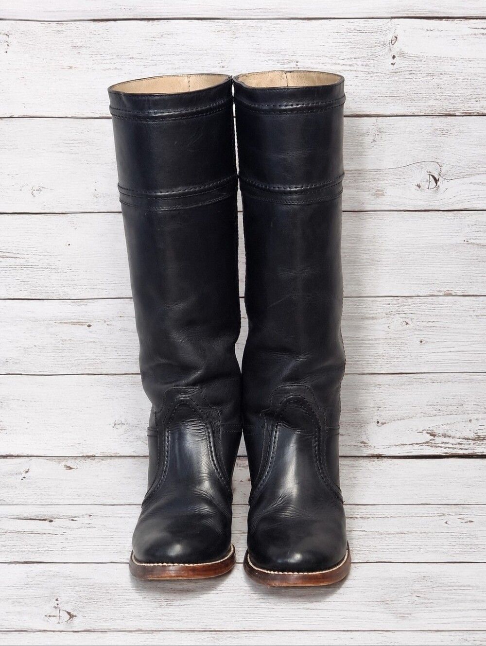 Frye Y2K Black Leather Jane Stitch Tall Equestrian Western Cowgirl Riding Boots